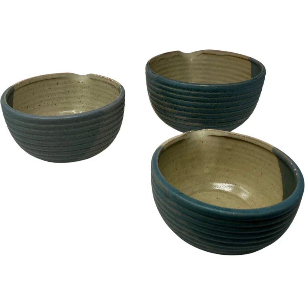 Nantucket Home Ceramic Mixing Bowls Set Blue Beige Two Tone Ribbed Farmhouse Kit